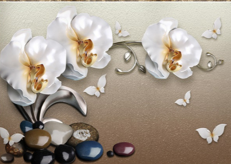 3D Look  Orchid Floral with Pebble Wallpaper Mural