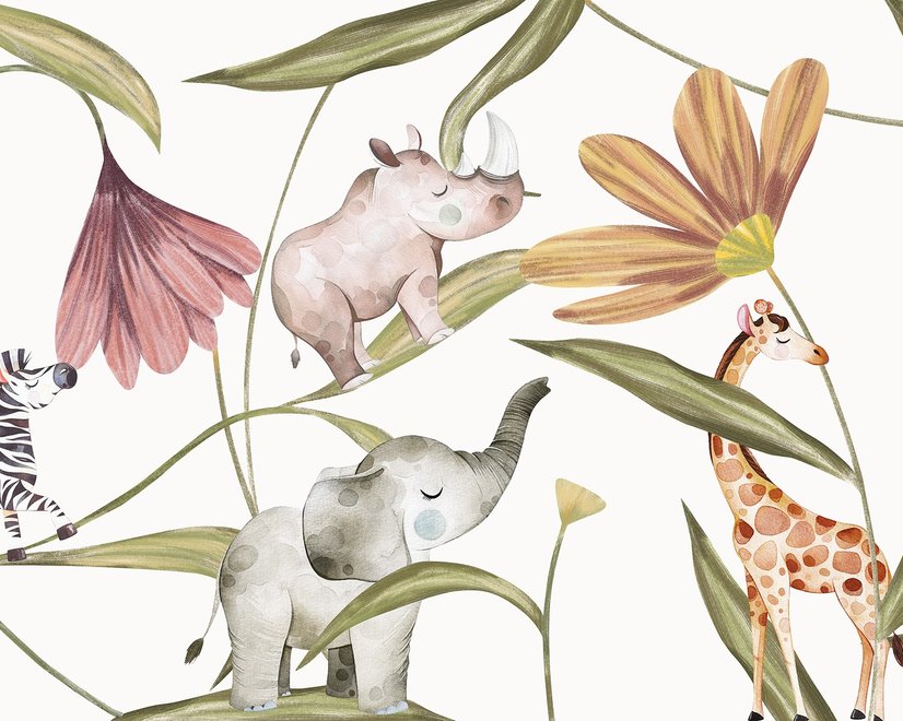 Nursery Tropical Animals with Flowers Wallpaper Mural
