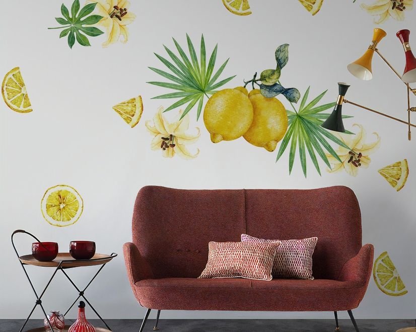 Yellow Lemon with Lily Florals Wall Decal Sticker