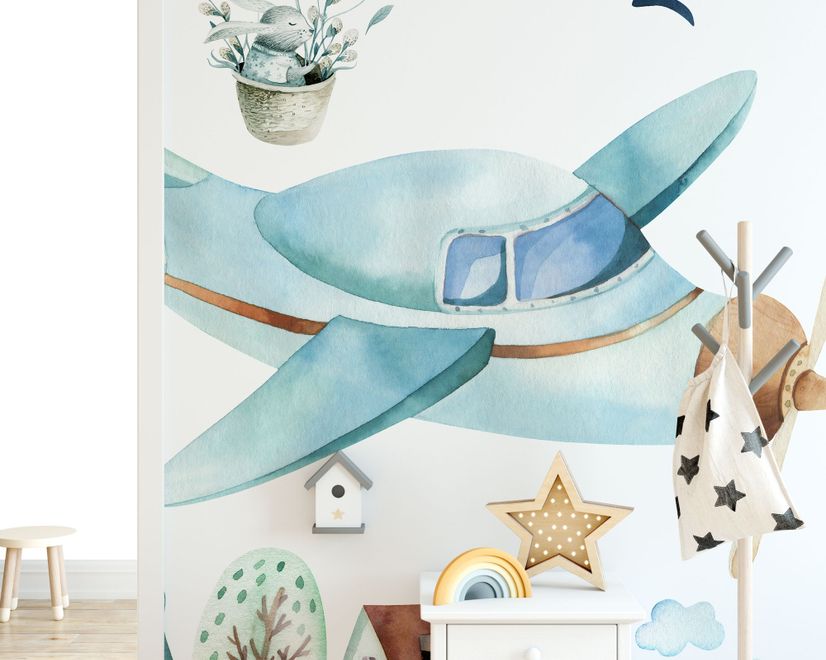 Watercolor Cartoon Village and Airplane Wallpaper Mural