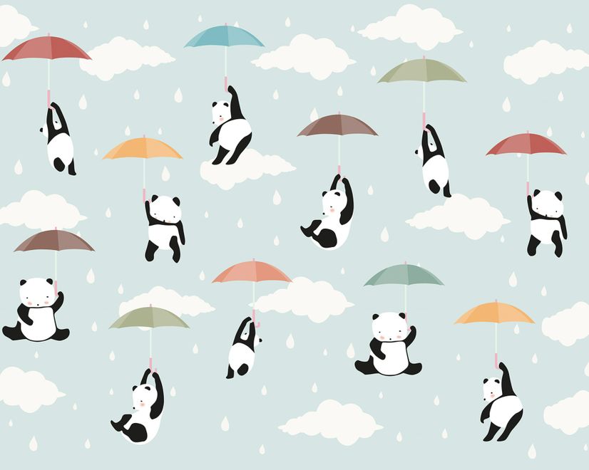 Kids Pandas With Colorful Umbrella Wallpaper Mural