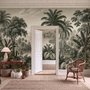 Sepia tropical landscape wallpaper with palms, banana plants, lagoon, bridge and mountains