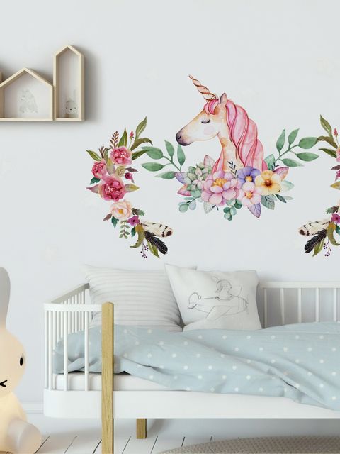Kids Pink Unicorn with Colorful Florals Wall Decal Sticker