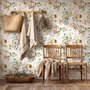 Watercolour floral wallpaper with sage leaves, blush and ochre flowers on a white ground