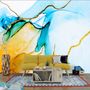 Papier peint panoramique bleu, jaune, aquarelle, pinceau et lignes modernes