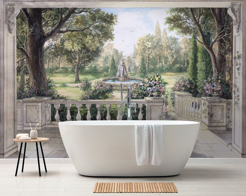 Soft Drawing Forest with Marble Fountain Wallpaper Mural