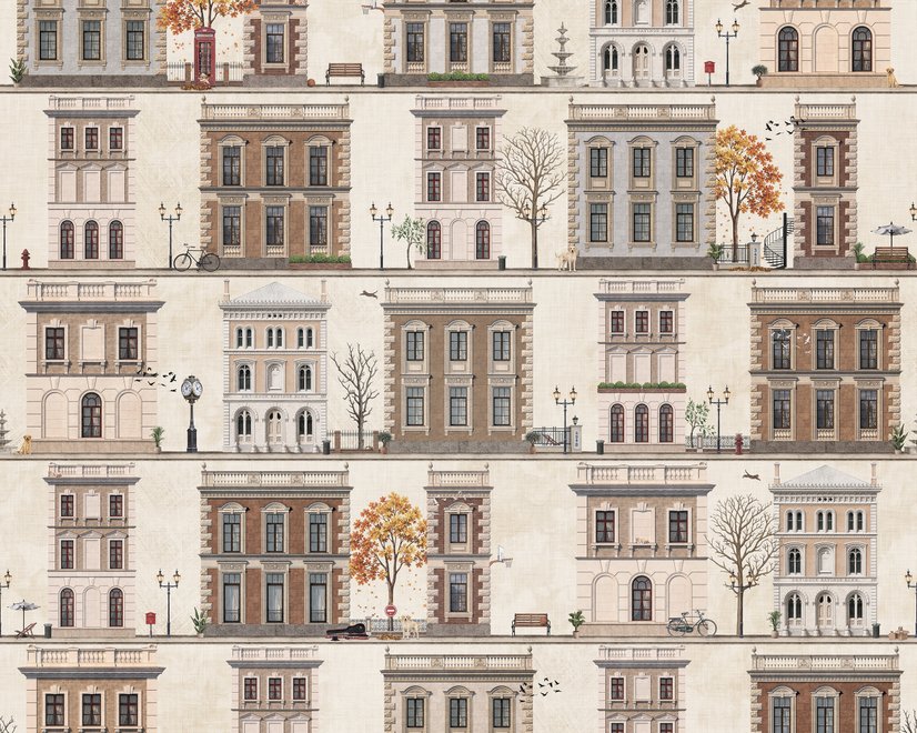 Vintage city wallpaper with illustrated European townhouses, lamps, bicycles, benches and orange-gold trees