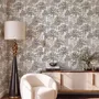 Monochrome wallpaper with grey tree toile on a clean white ground