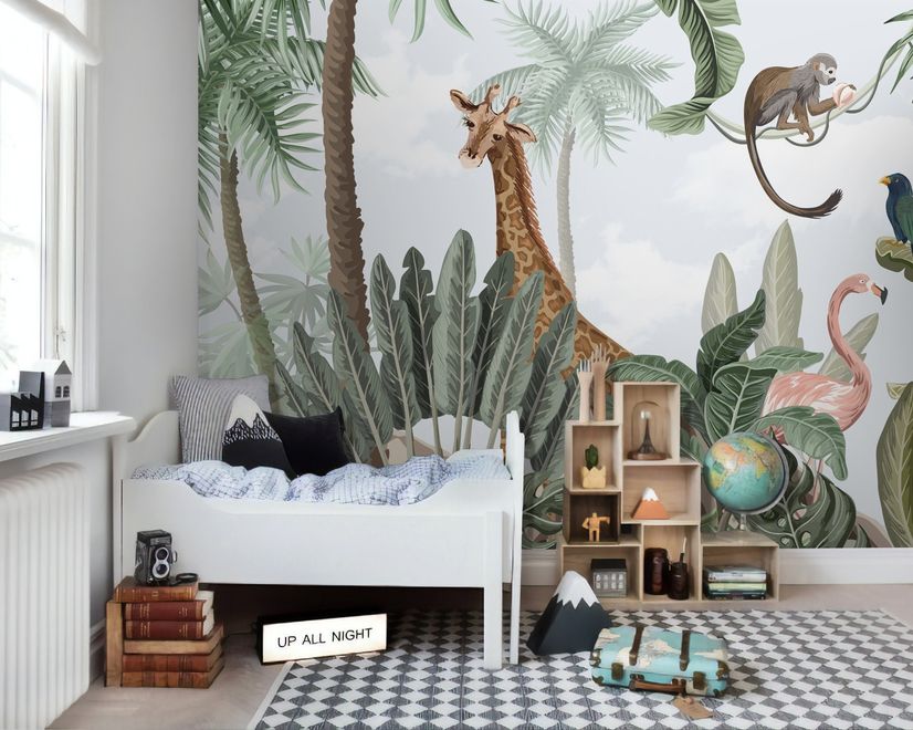 Kids Nursery Pink Flamingo and Cute Giraffe Safari Animals Wallpaper Mural