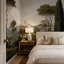 Vintage oil painting wallpaper of cypress trees, villas and a domed cathedral in an Italian landscape