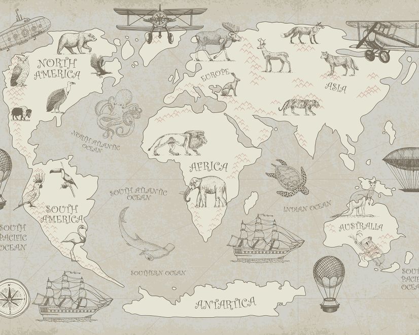 Kids Soft Brown Continent World Map with Drawing Animals Wallpaper Mural