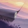 Stag mountain wallpaper with a navy deer silhouette, lavender pine ridges and a pale golden sun