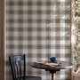 Sage green and cream-white tartan plaid wallpaper with deep red stripes and woven thread texture