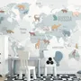 Kids Blue Political World Map with Colorful Animal Silhouette Wallpaper Mural