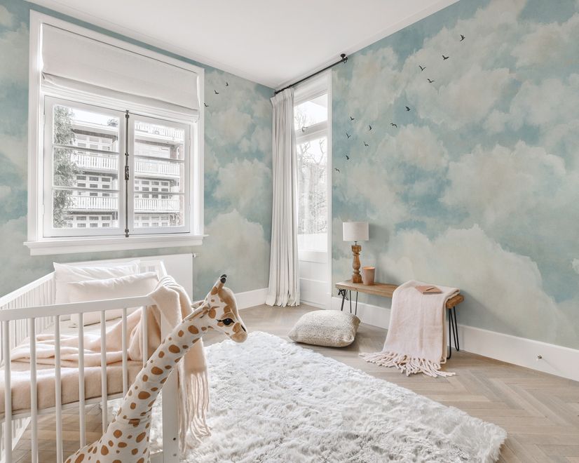 Abstract Clouds with Birds Wallpaper Mural