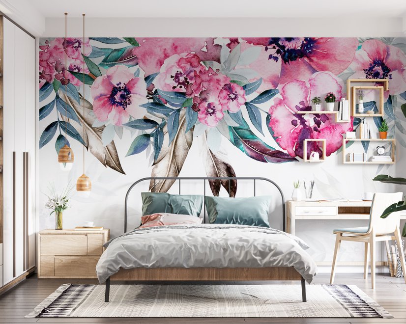 Watercolor Pink Peony Flower Wallpaper Mural
