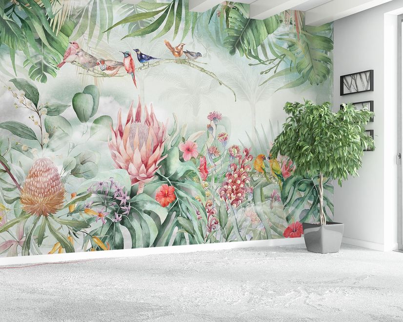 Colorful Tropical Exotic Cactus Floral with Little Birds Wallpaper Mural