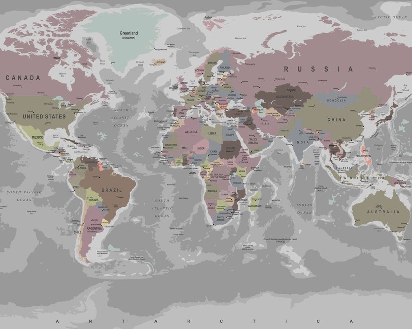 Papier peint panoramique de la carte du monde aux couleurs douces