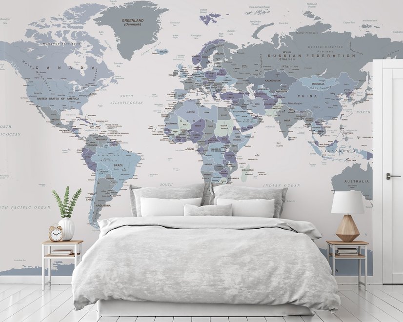 Papier peint panoramique de la carte du monde en blanc et violet