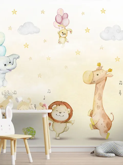 Kids Nursery Safari Animals Playing Wallpaper Mural