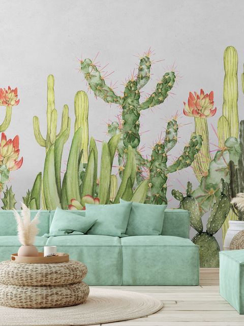 Watercolor Desert Floral and Cactus Wallpaper Mural