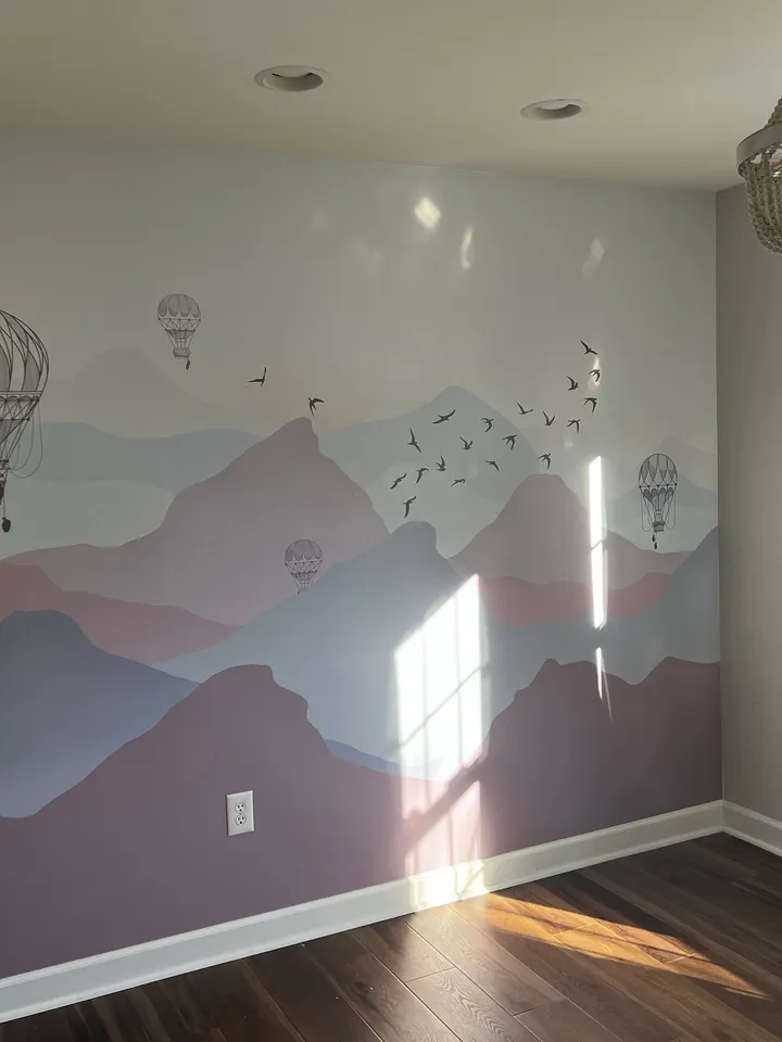 Kids Soft Misty Mountain Landscape and Old Hot Air Balloons