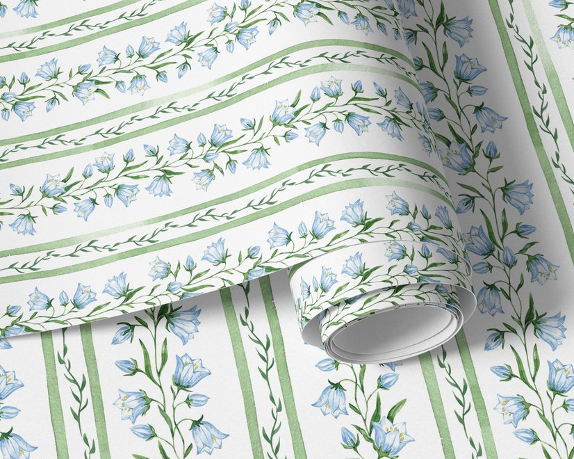Blue floral stripe wallpaper with pale sky-blue bell flowers, green vines and sage bands on white