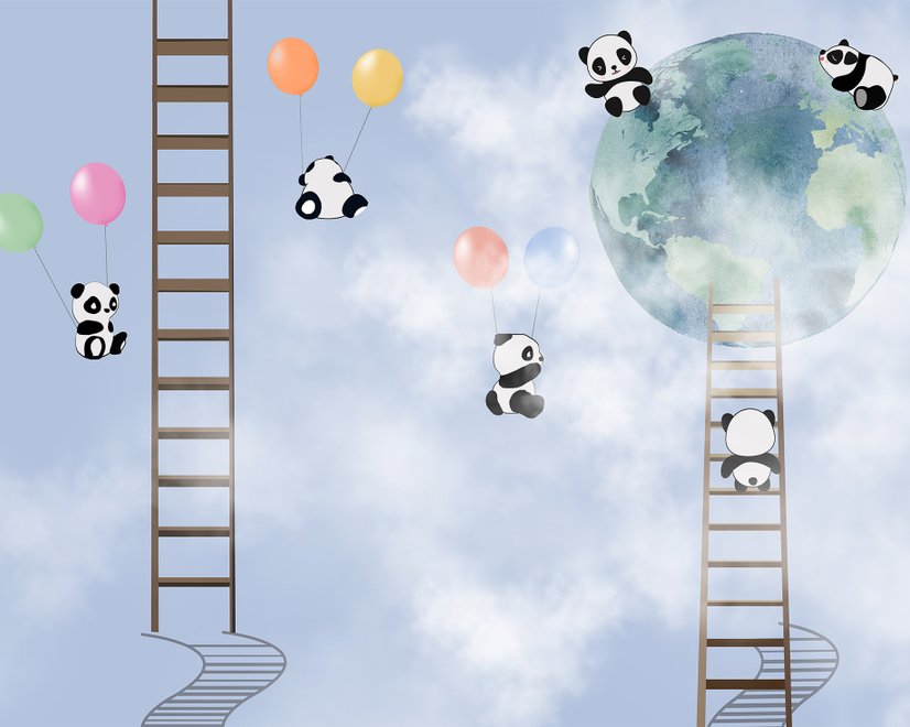 Cartoon Pandas in the Sky Wallpaper Mural
