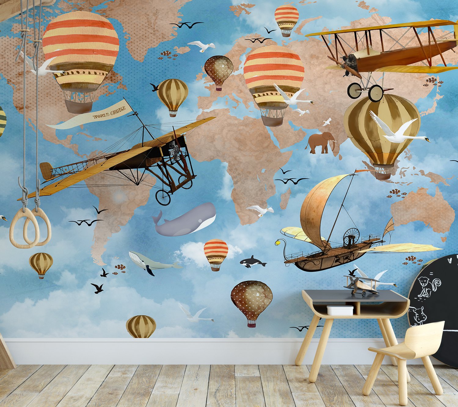 3D Look Kids World Map with Hot Air Balloon Wallpaper Mural - Peel and Stick
