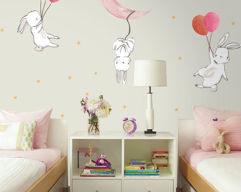 Kids Cartoon Rabbits with Colorful Balloons and Moon Wall Decal Sticker