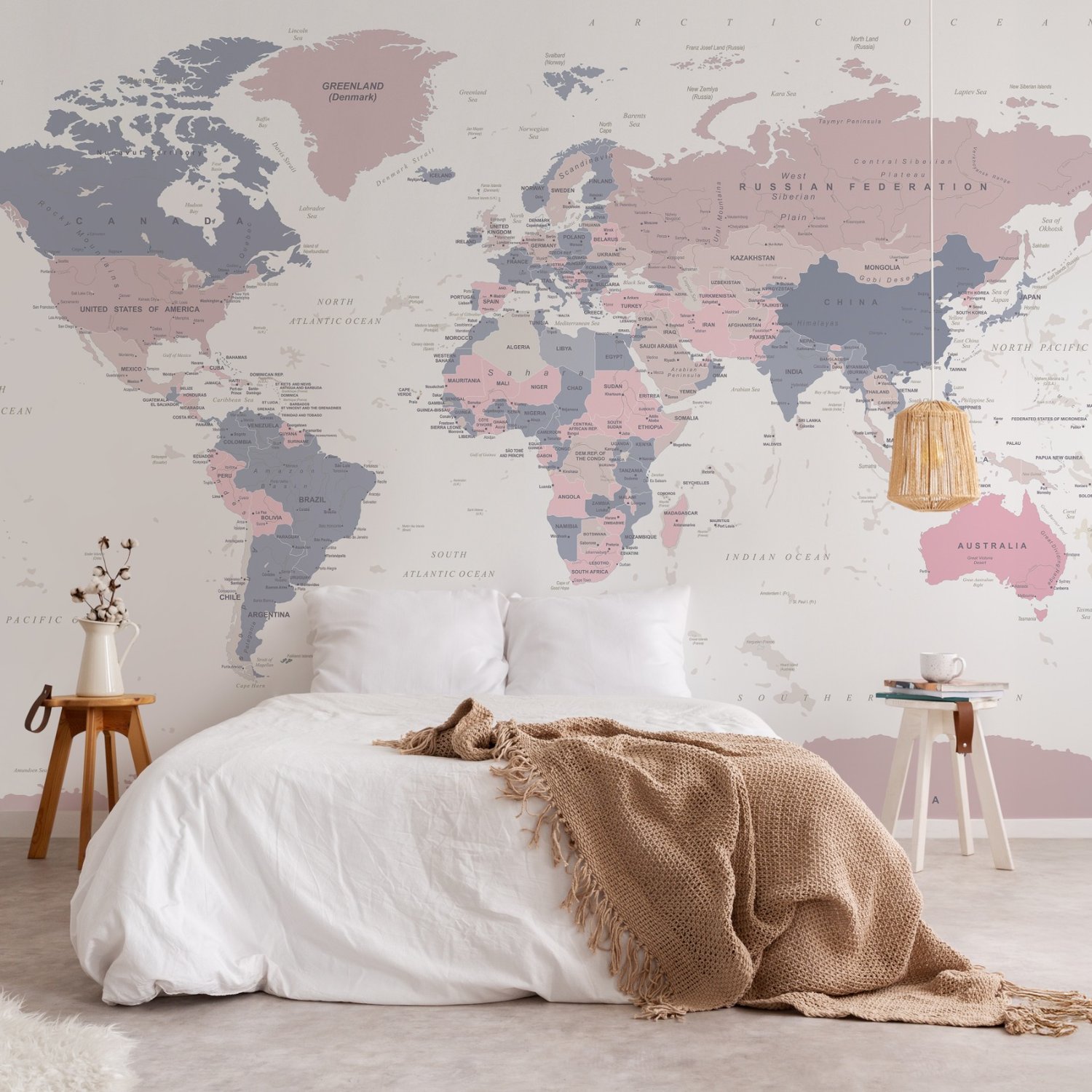 Pink and Purple Political World Map Wallpaper Mural - Peel and Stick