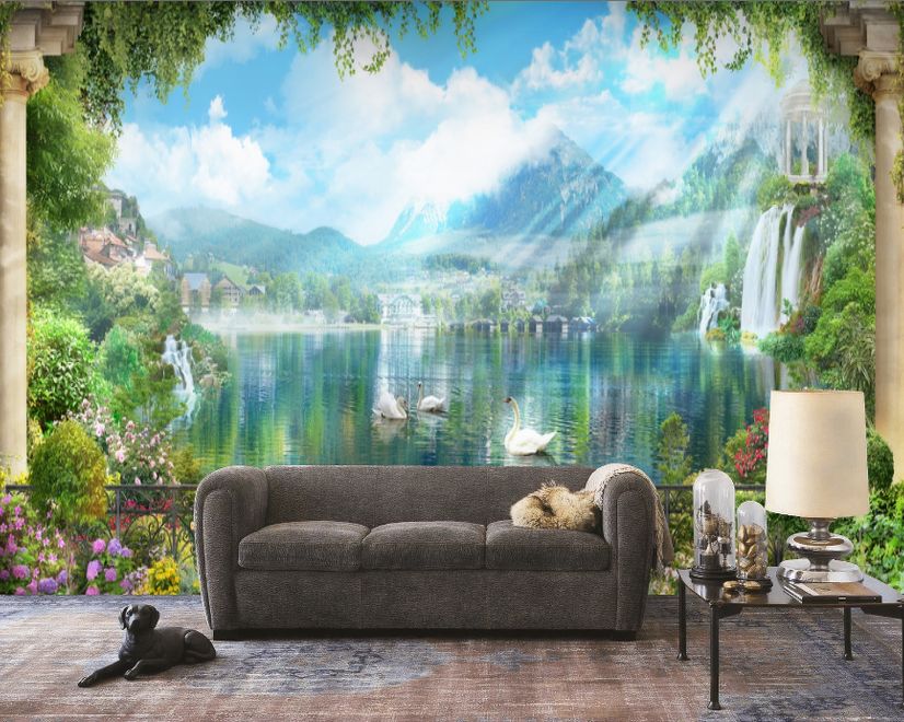 Waterfall and White Swan with Garden Flowers Landscape Wallpaper Mural