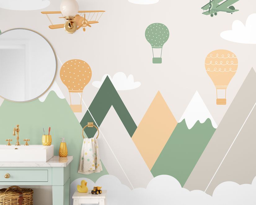 Nursery Mountain Landscape with Hot Air Balloons Wallpaper Mural