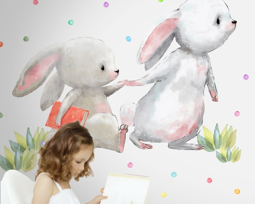 Das niedliche Kaninchen liest Bücher mit bunten Polka Dots Wandtattoo für Kinder