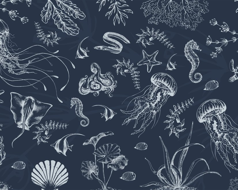 Sea Life Drawing Art Underwater Papier peint panoramique panoramique