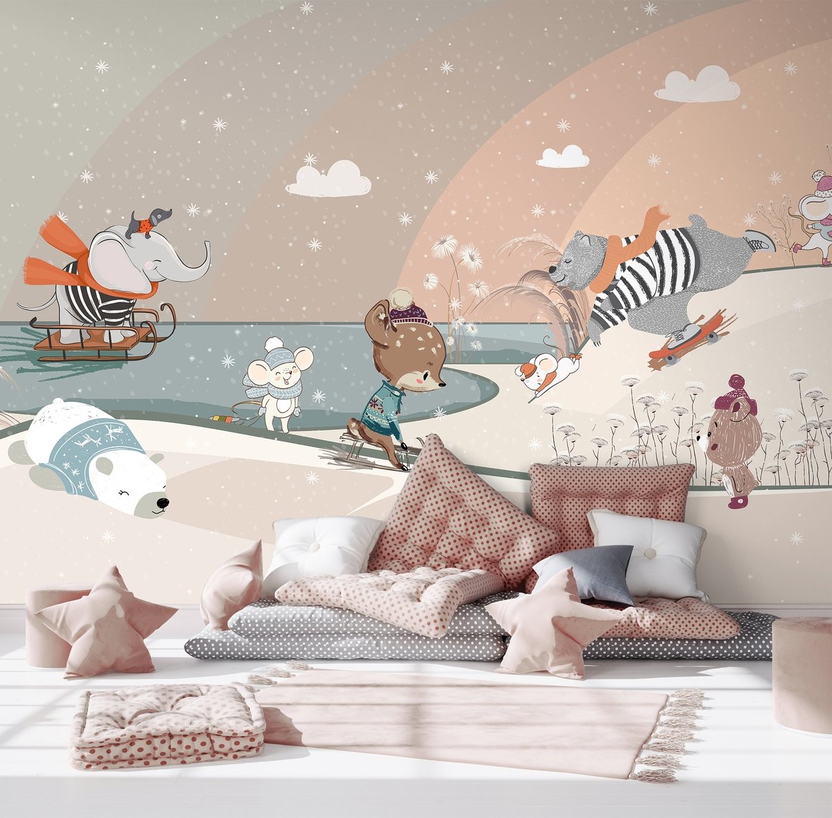 Nursery Snowy Landscape with Cute Cartoon Animals Wallpaper Mural - Peel and Stick