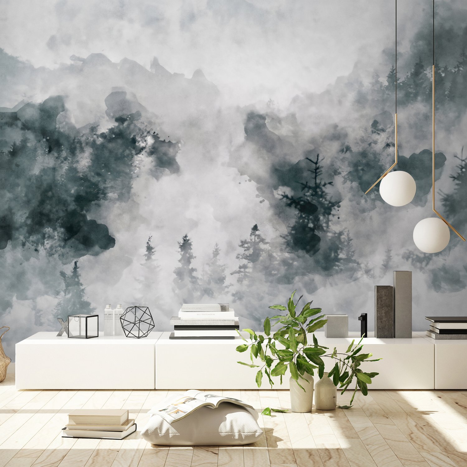 Watercolor Style Abstract Misty Dark Forest Wallpaper Mural - Peel and Stick