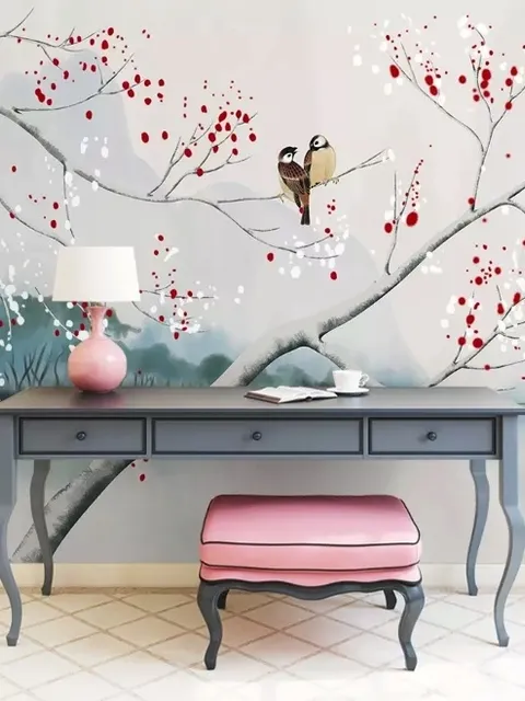 Watercolor Lake Landscape with Birds Wallpaper Mural
