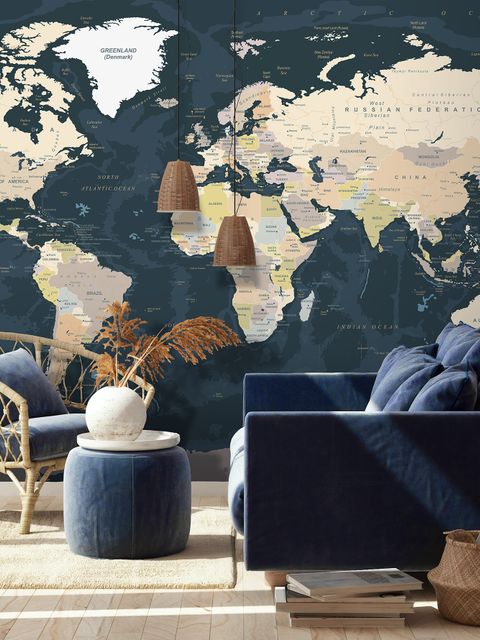 Papier peint panoramique de la carte du monde politique bleu marine