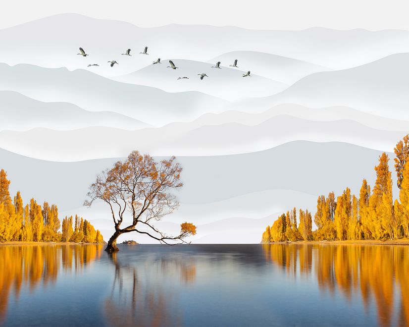 River Landscape and Yellow Autumn Trees Wallpaper Mural