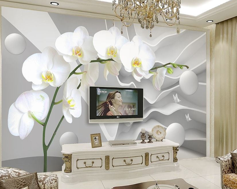 White Orchid Floral with Abstract Stripe Wallpaper Mural
