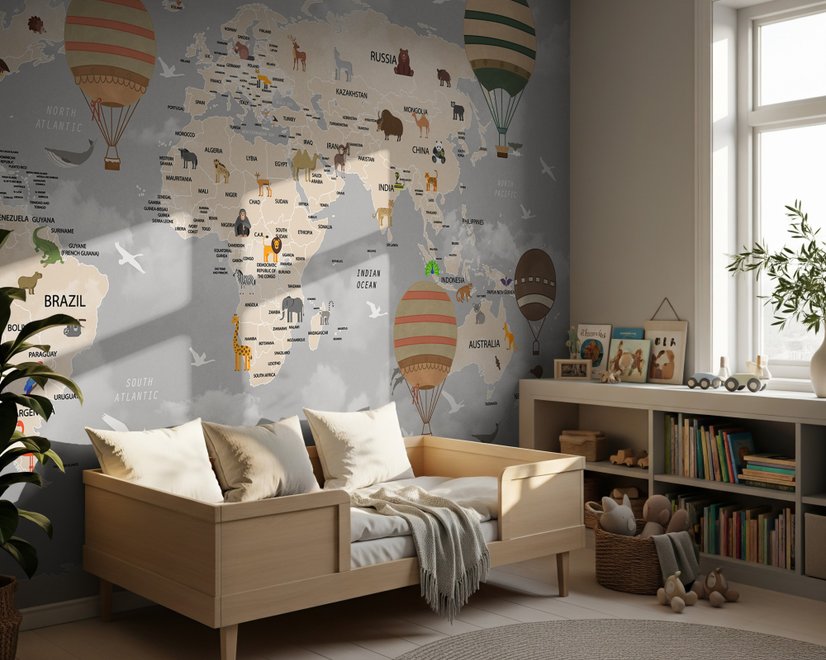 Papier peint carte monde montgolfière vintage enfants