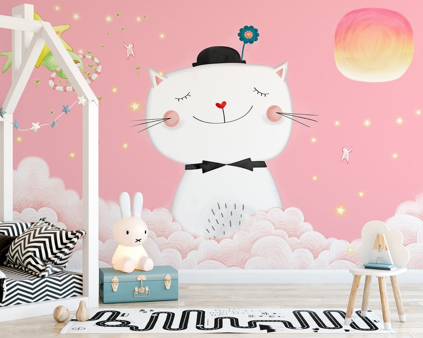 Papier peint panoramique chat heureux sur les nuages roses