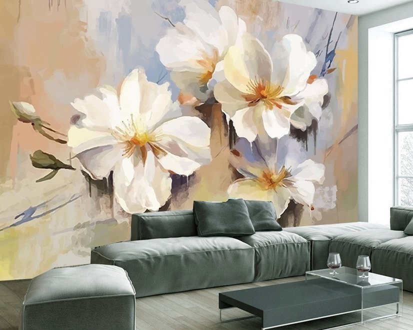 Ölgemälde Weiße Blumen Fototapete