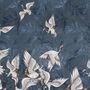 Dark Blue Grunge Style Leaves with Crane Birds Wallpaper Mural