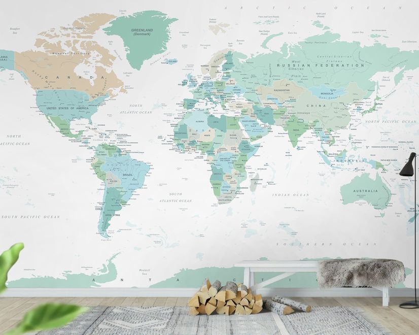 Papier peint panoramique de la carte du monde politique verte