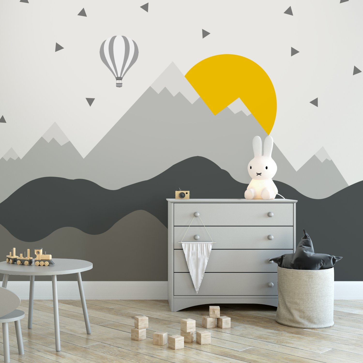Kids Gray Geometric Mountainscape and Hot Air Balloon Wallpaper Mural - Peel and Stick