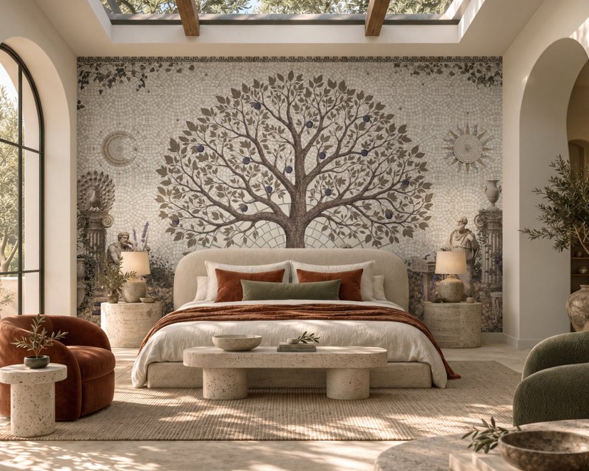 Papier Peint Panoramique Arbre de Jardin Romain Ancien avec Art Mosaïque