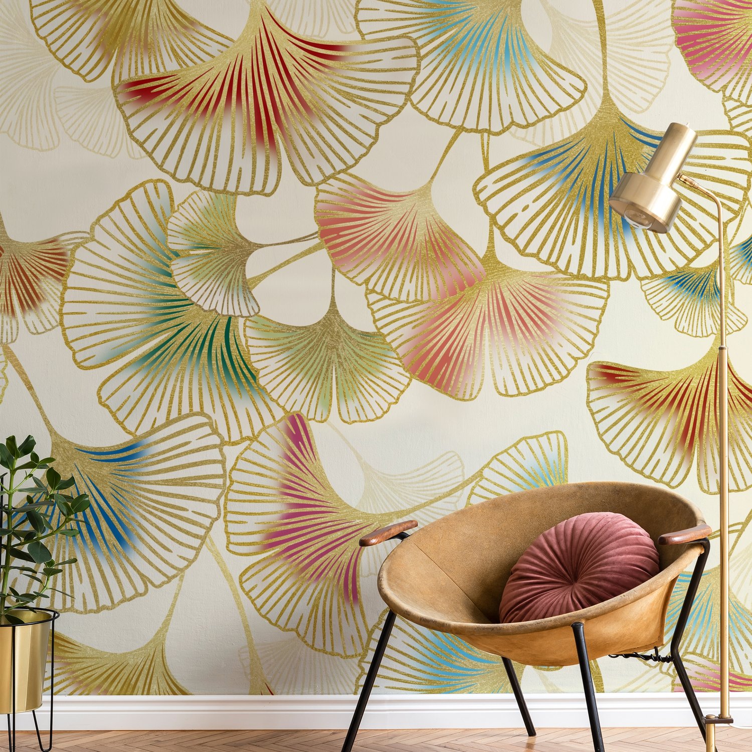 Colorful Gingko Leaf Pattern Wall Mural - Peel and Stick