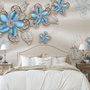 Papier peint panoramique bleu diamant avec feuilles Swarovski